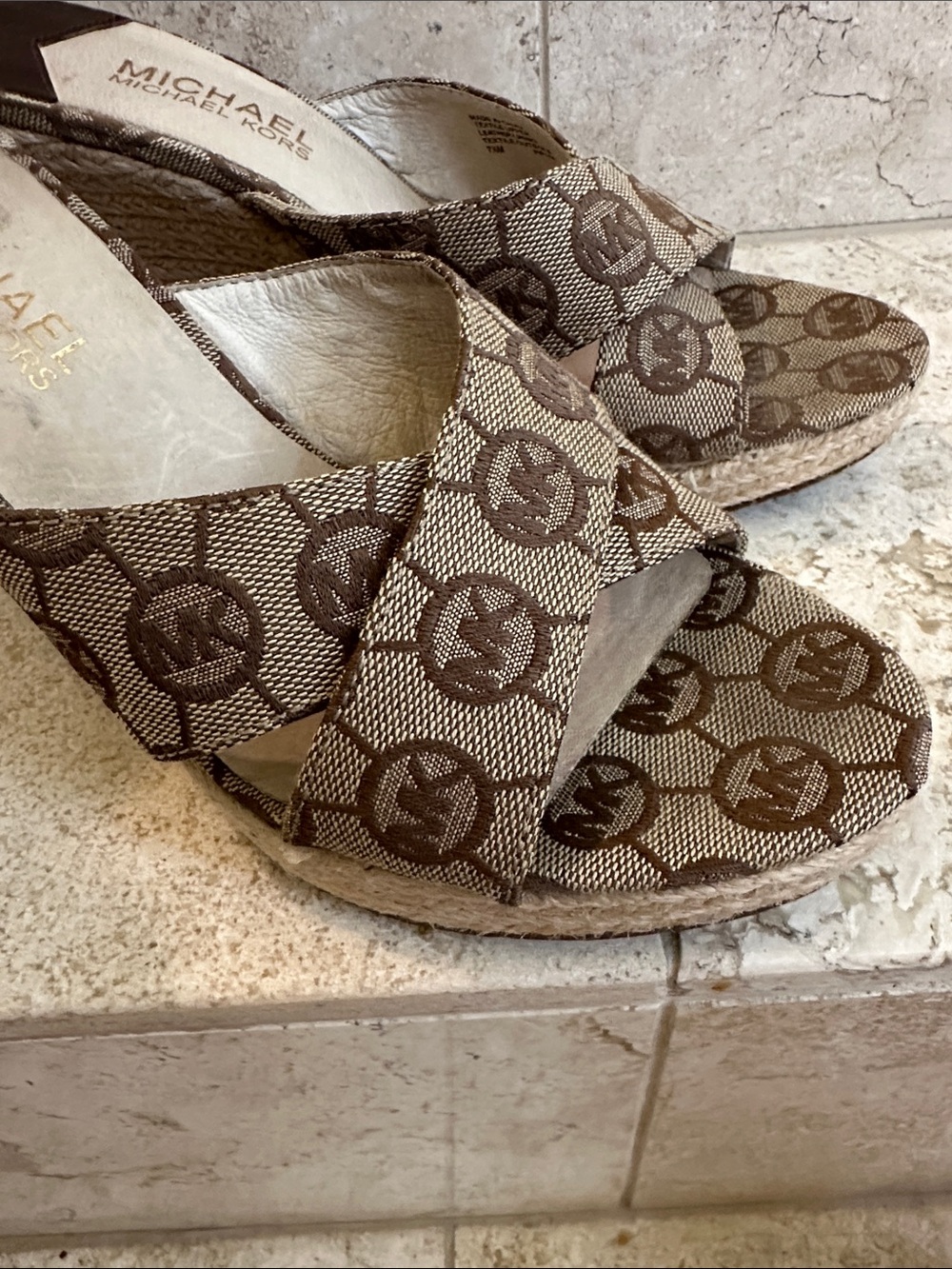 Michael Kors 7.5 Brown Logo Canvas Espadrille Wedge Sandals
